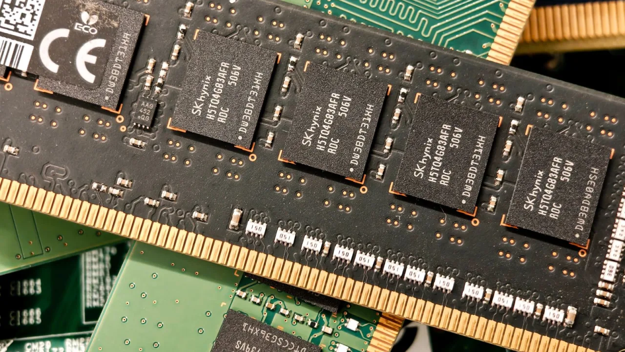 Close-up of memory modules showing SK Hynix DRAM chips on black circuit boards