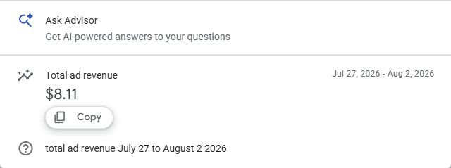 Privacy-safe GA4 crop showing total ad revenue of $8.11 from July 27 through August 2, 2026