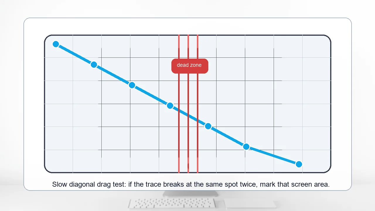 Touchscreen dead zone grid showing a diagonal drag test with a repeated break area