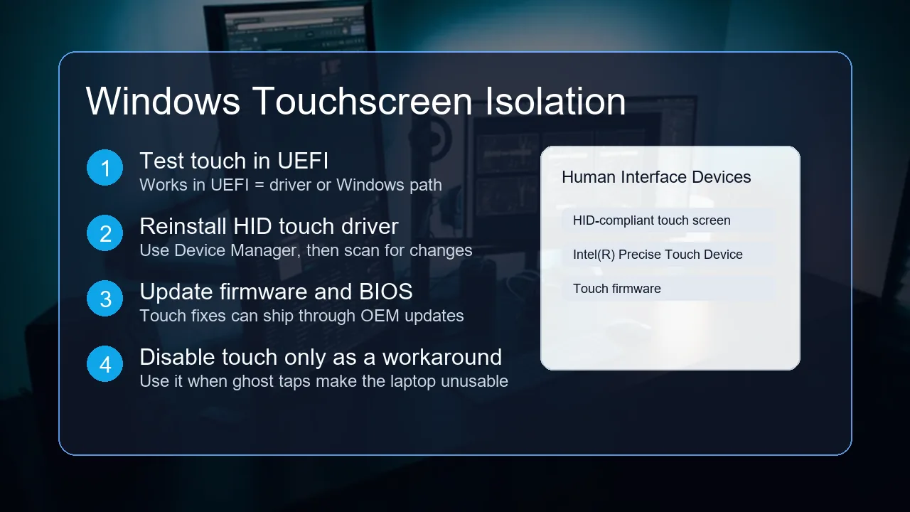 Windows touchscreen ghost touch diagnostic checklist for UEFI, HID touch driver, firmware updates, and workaround disable step