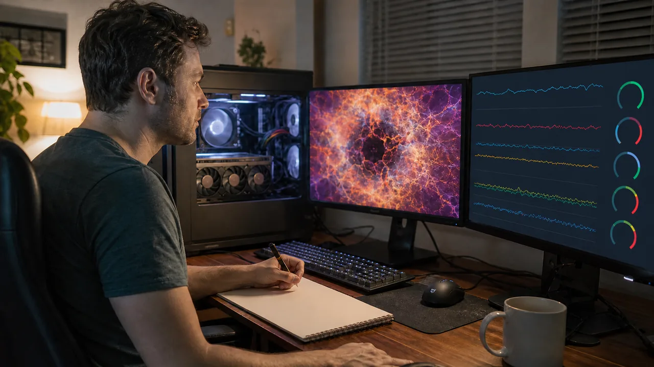 Text-free workflow showing a browser GPU load beside desktop temperature and clock monitoring