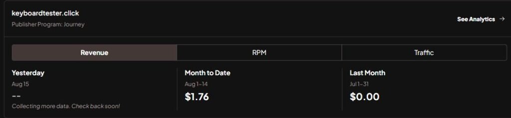 Privacy-safe Journey dashboard crop showing $1.76 revenue month to date through August 14, 2026