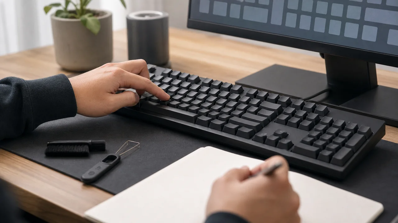 Person checking whether one keyboard key registers consistently before considering replacement