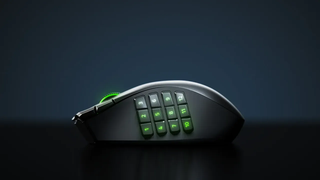 Side view of the Razer Naga V3 Pro with its twelve numbered thumb buttons illuminated