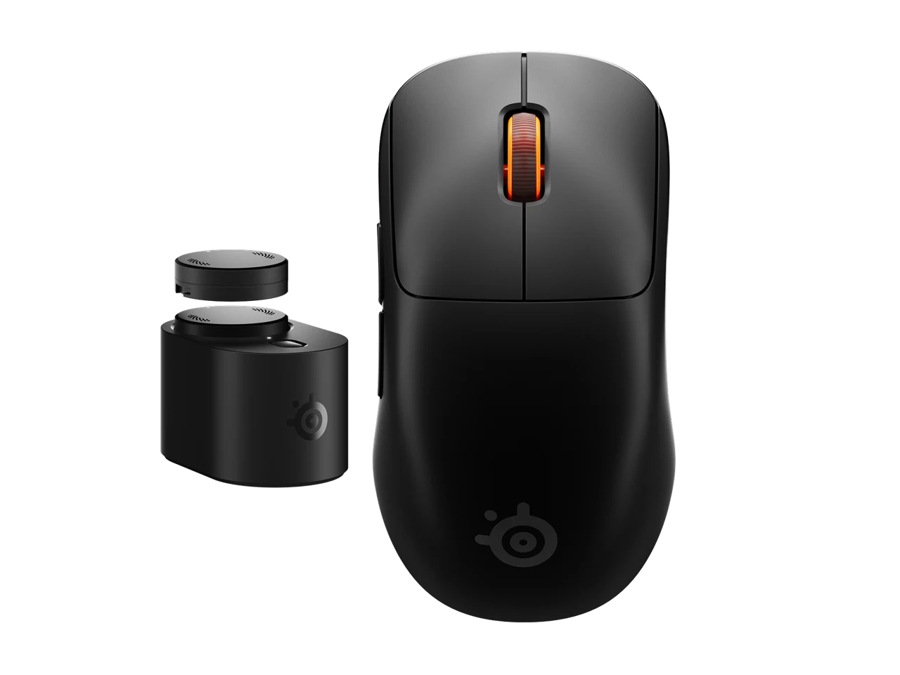 Top view of the black Sensei Pro with its base station and replaceable batteries