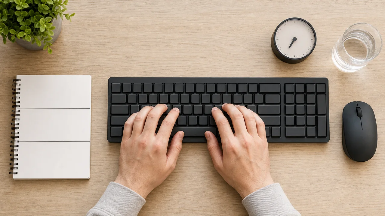 Top-down view of one keyboard setup and a blank three-row notebook for comparable typing runs
