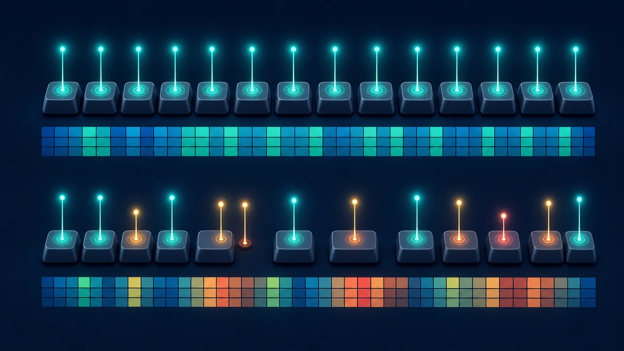 Text-free visualization of evenly spaced and unevenly spaced keystroke timing patterns